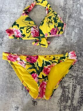 Bright Yellow Floral Halter Bikini Set - Women's Swim
